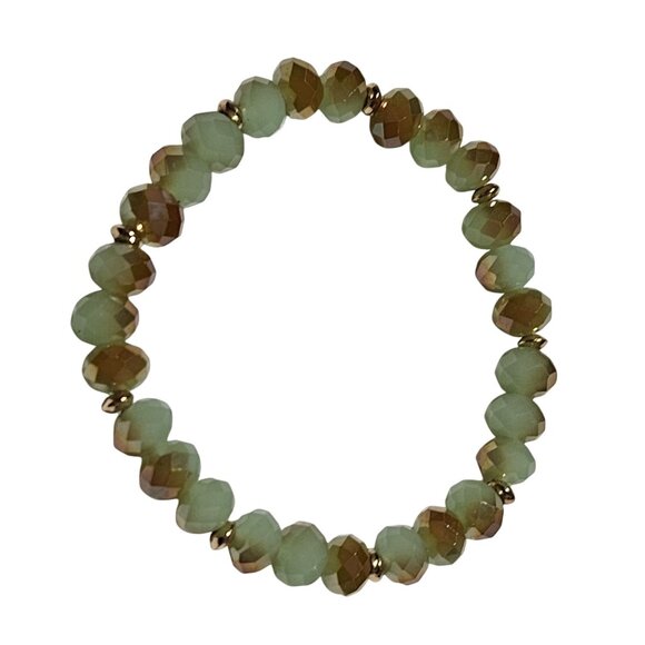 Handmade Faceted Beaded Stretch Bracelet Green Gold Glass Beads Fashion Jewelry - Picture 1 of 3